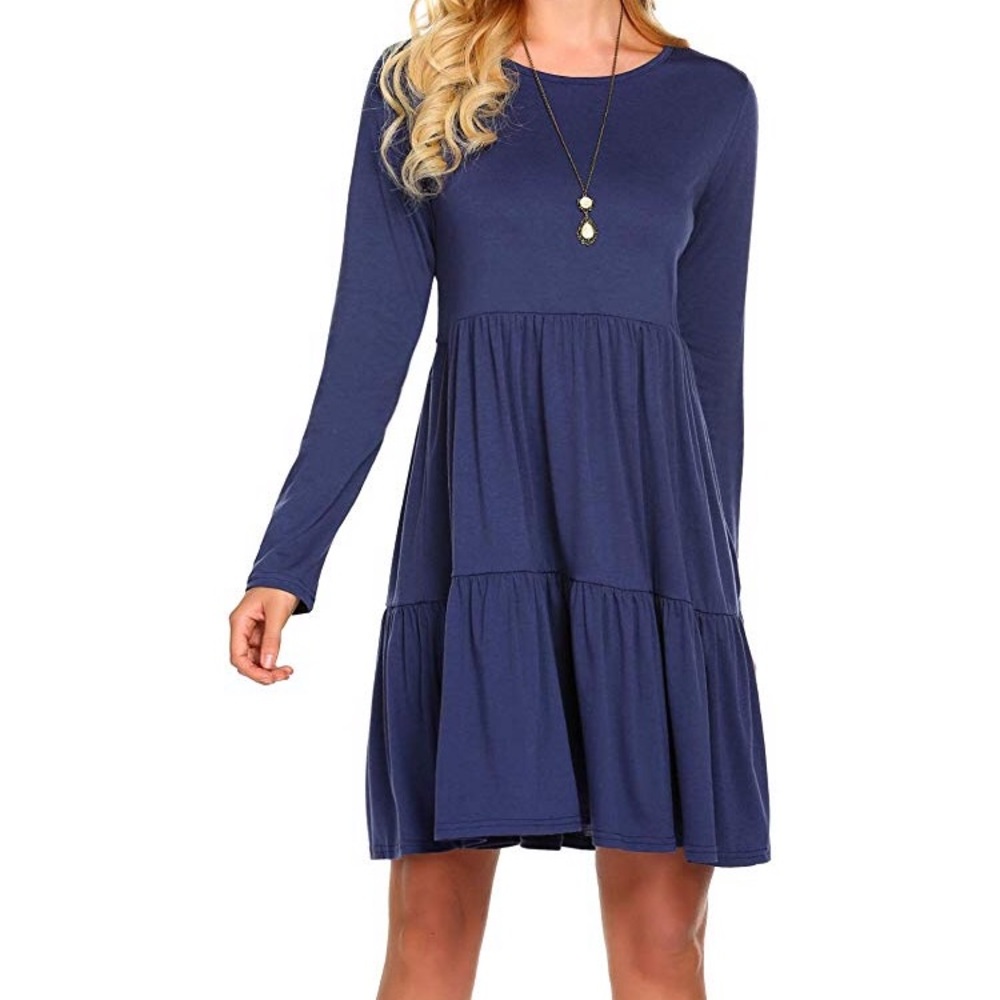 Blue A-line dress with long sleeves